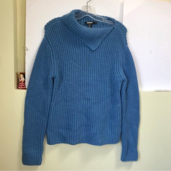 DKNY Chucky Wool Ribbed Knit Sweater Side Mock Neck Soft Cozy Oversized Blue M - Picture 9 of 15